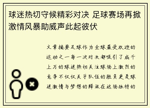球迷热切守候精彩对决 足球赛场再掀激情风暴助威声此起彼伏