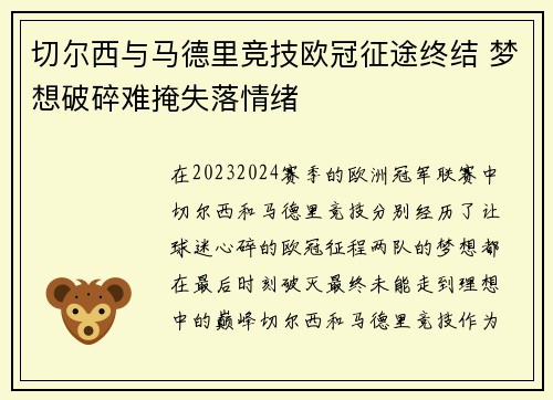 切尔西与马德里竞技欧冠征途终结 梦想破碎难掩失落情绪