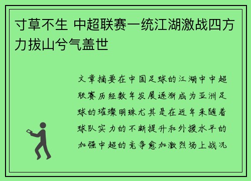 寸草不生 中超联赛一统江湖激战四方力拔山兮气盖世
