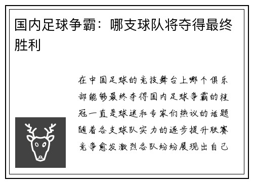 国内足球争霸：哪支球队将夺得最终胜利