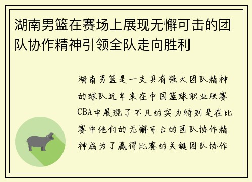 湖南男篮在赛场上展现无懈可击的团队协作精神引领全队走向胜利