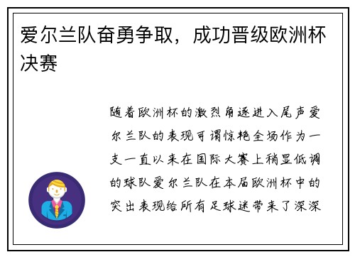 爱尔兰队奋勇争取，成功晋级欧洲杯决赛