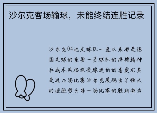 沙尔克客场输球，未能终结连胜记录