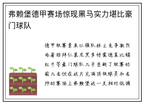 弗赖堡德甲赛场惊现黑马实力堪比豪门球队
