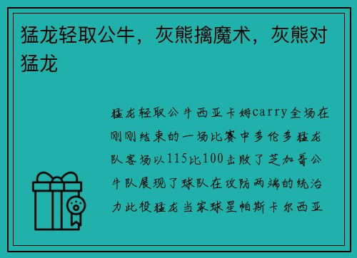 猛龙轻取公牛，灰熊擒魔术，灰熊对猛龙