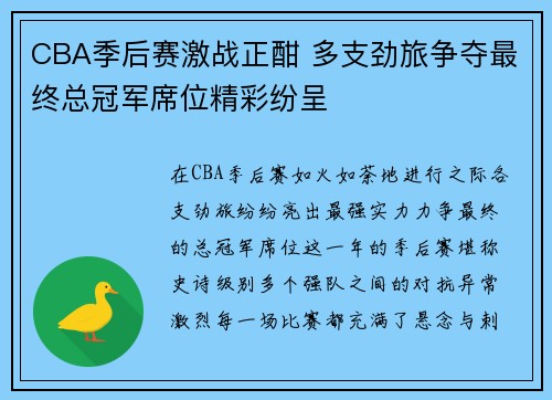 CBA季后赛激战正酣 多支劲旅争夺最终总冠军席位精彩纷呈